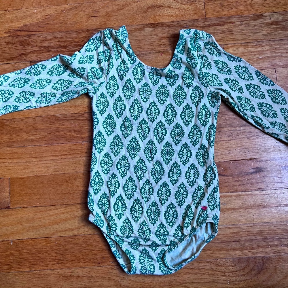 Pink Chicken green long-sleeved leotard, size 5